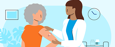 Illustrated image of female doctor placing a bandage on a woman's arm