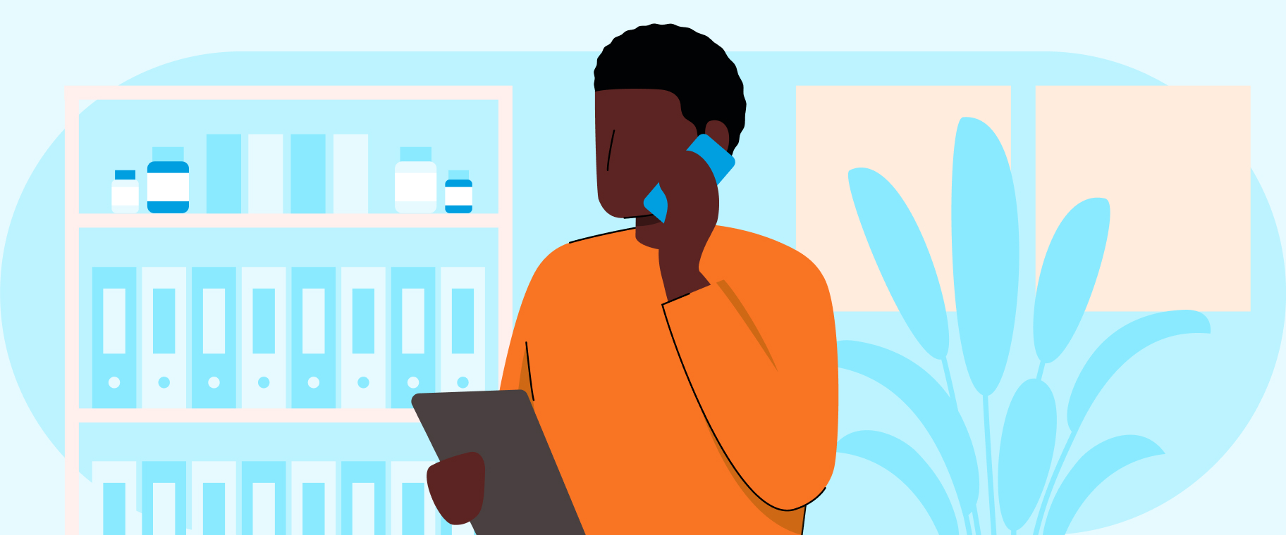 Illustrated image of a man talking on a phone holding a tablet